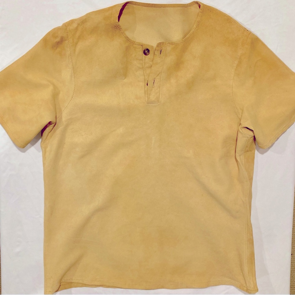 Vintage light leather short sleeve shirt with top buttons, size men’s M